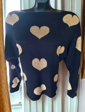Belldini Metallic Gold Heart Dolman Sleeve Black Sweater Size S